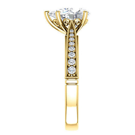 Pear Moissanite Scroll Milgrain Engagement Ring