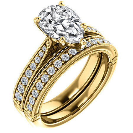 Pear Moissanite Scroll Milgrain Engagement Ring