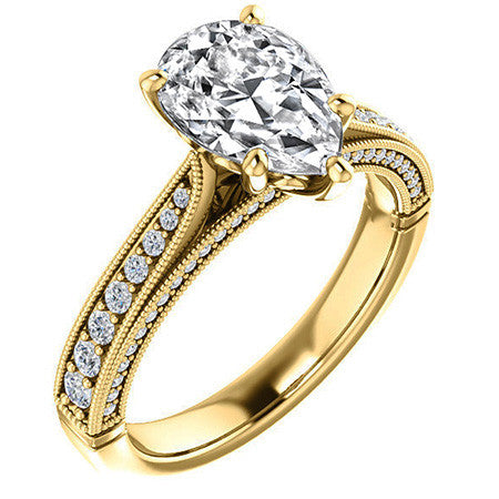 Pear Moissanite Scroll Milgrain Engagement Ring