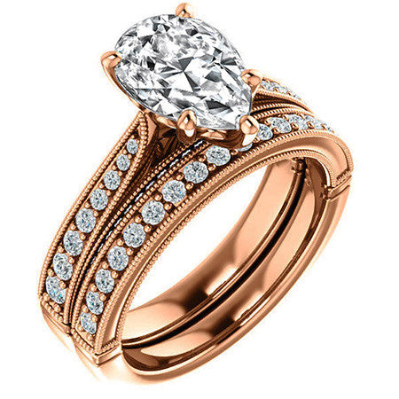 Pear Moissanite Scroll Milgrain Engagement Ring