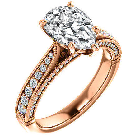 Pear Moissanite Scroll Milgrain Engagement Ring