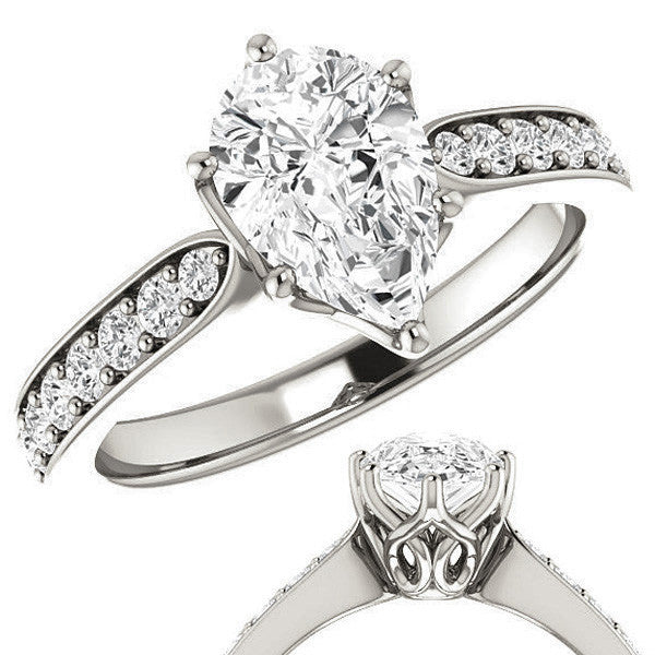 Pear cut Engagement Ring with Pave set Side Stones