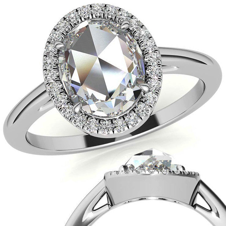 Rose cut Oval Moissanite Halo Engagement Ring