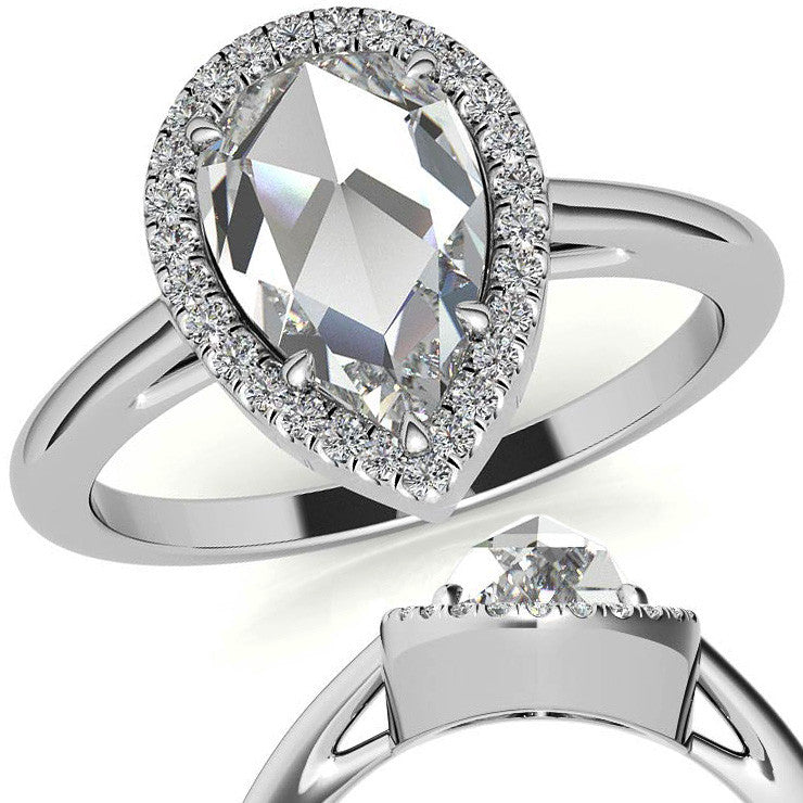 Rose cut Pear Moissanite Halo Engagement Ring