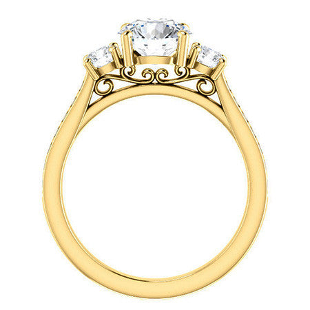 Round Three-Stone Moissanite Cathedral Engagement Ring