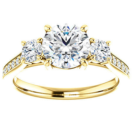 Round Three-Stone Moissanite Cathedral Engagement Ring
