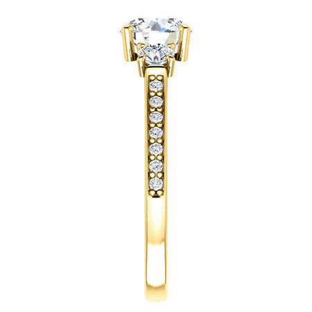 Round Three-Stone Moissanite Cathedral Engagement Ring