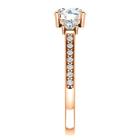 Round Three-Stone Moissanite Cathedral Engagement Ring