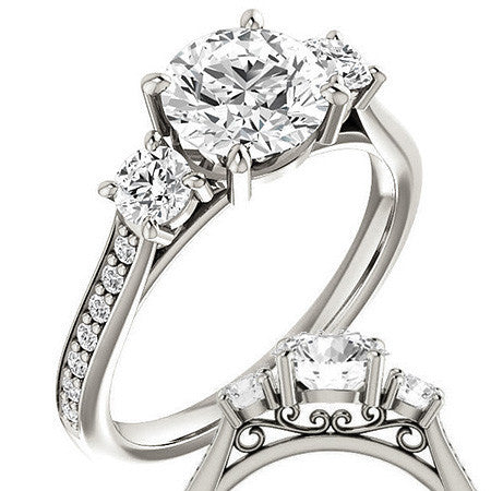 Round Three-Stone Moissanite Cathedral Engagement Ring