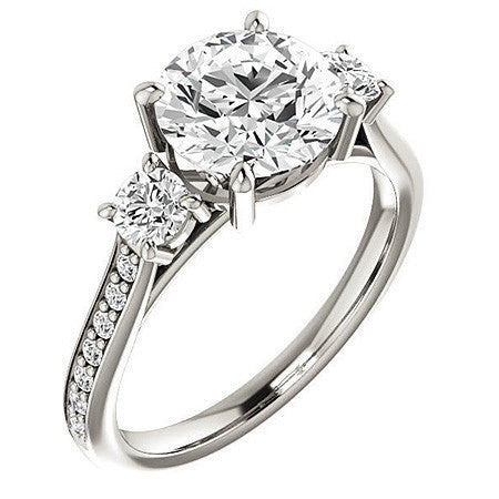Round Three-Stone Moissanite Cathedral Engagement Ring