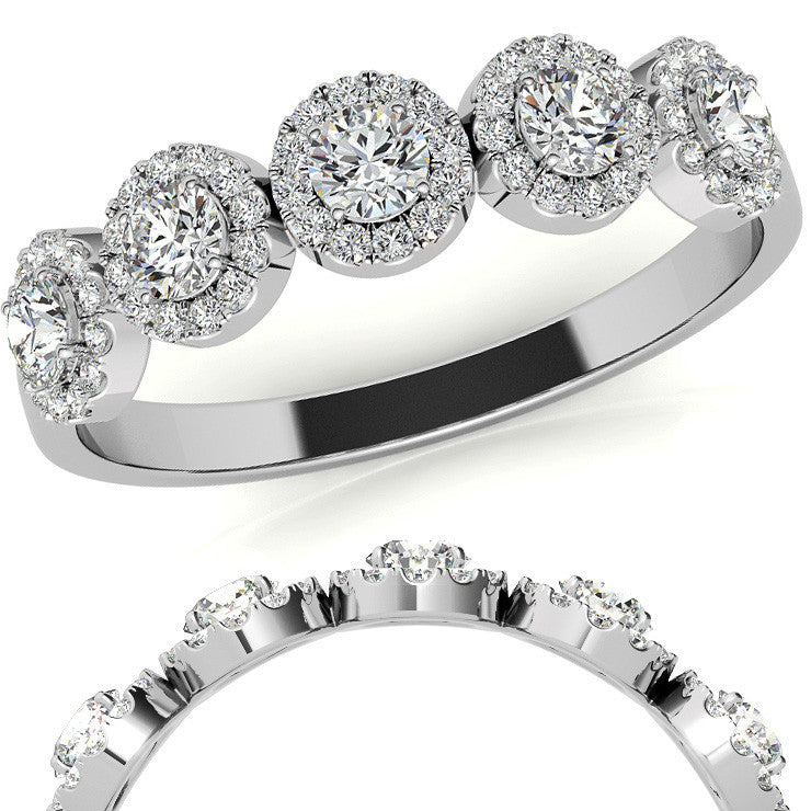 5-Stone Round Brilliant Moissanite Halo Wedding Band