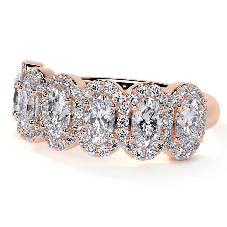 6-Stone 5x3mm Oval Moissanite Halo Anniversary Ring