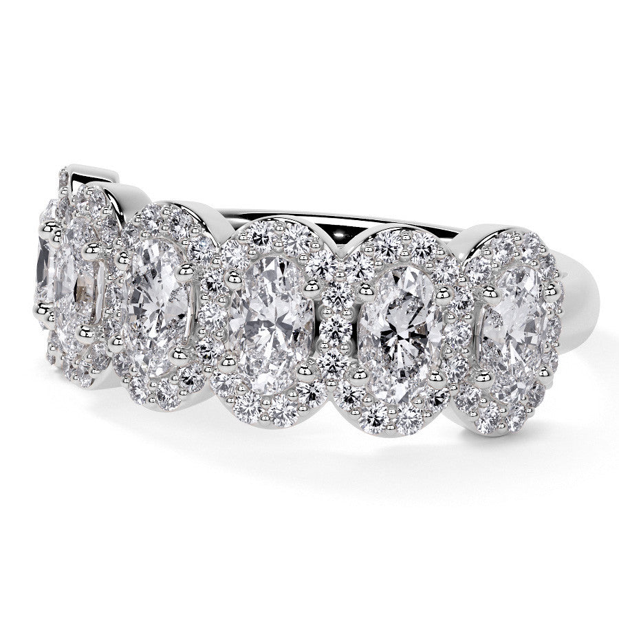 6-Stone 5x3mm Oval Moissanite Halo Anniversary Ring