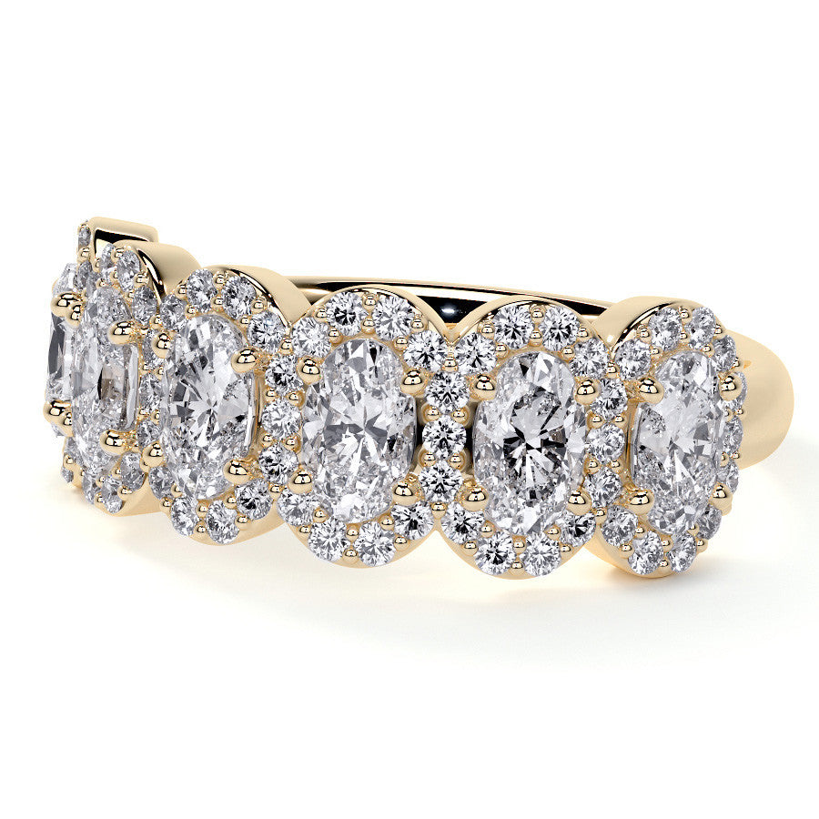 6-Stone 5x3mm Oval Moissanite Halo Anniversary Ring