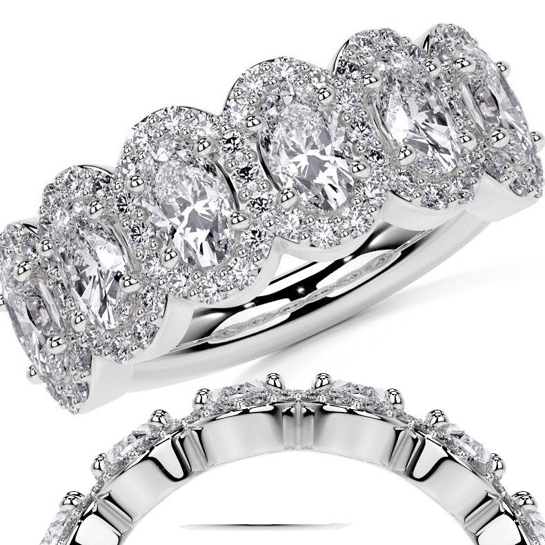 6-Stone 5x3mm Oval Moissanite Halo Anniversary Ring