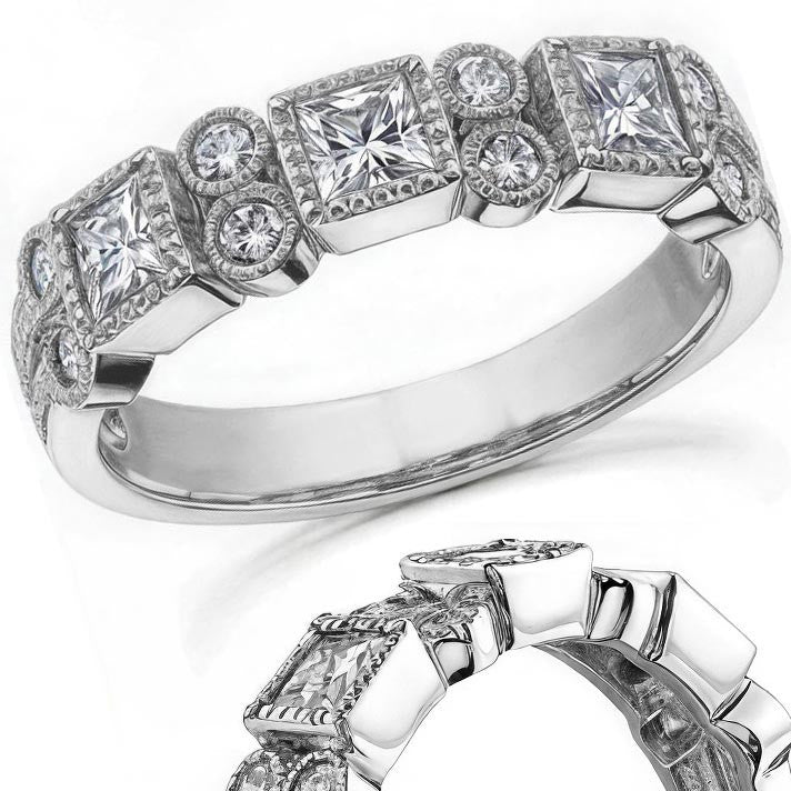 3mm Princess cut Moissanite Milgrain Moissanite Anniversary Ring