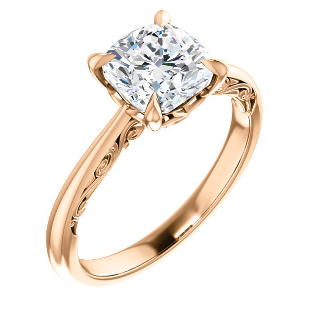 Cushion Surprise Stone Solitaire with Scroll Accents
