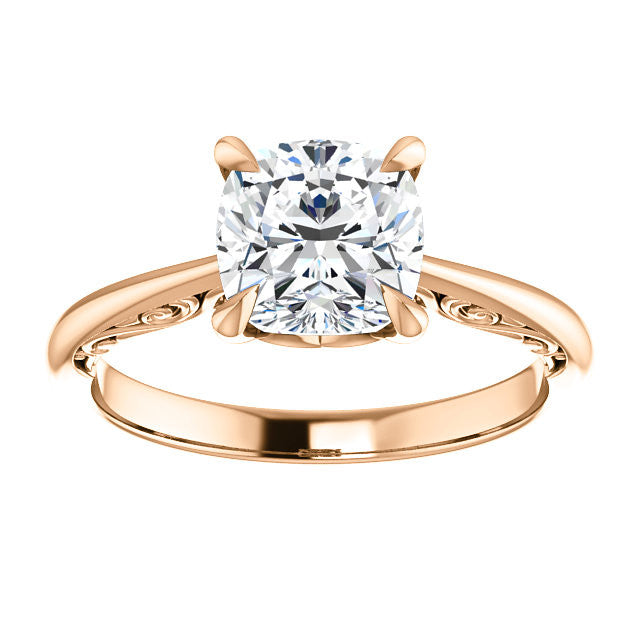 Cushion Surprise Stone Solitaire with Scroll Accents