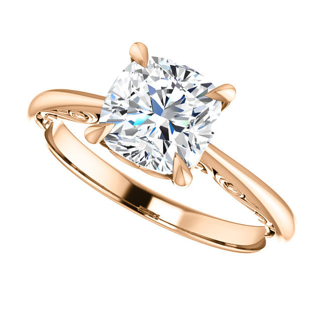 Cushion Surprise Stone Solitaire with Scroll Accents