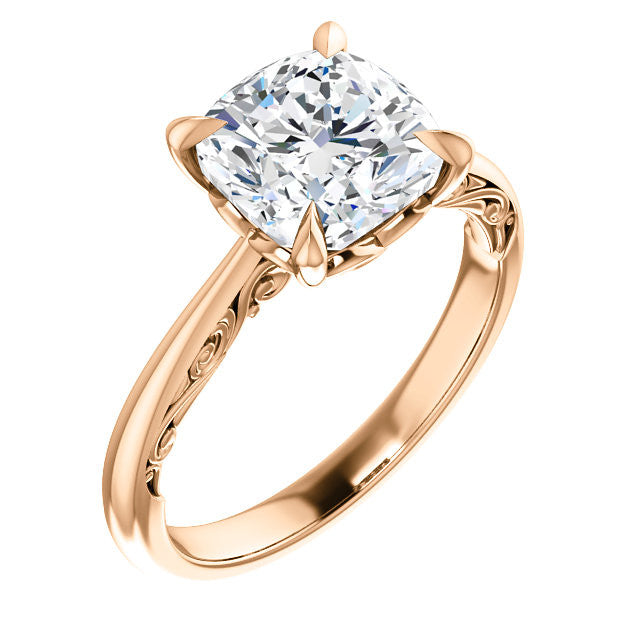 Cushion Surprise Stone Solitaire with Scroll Accents