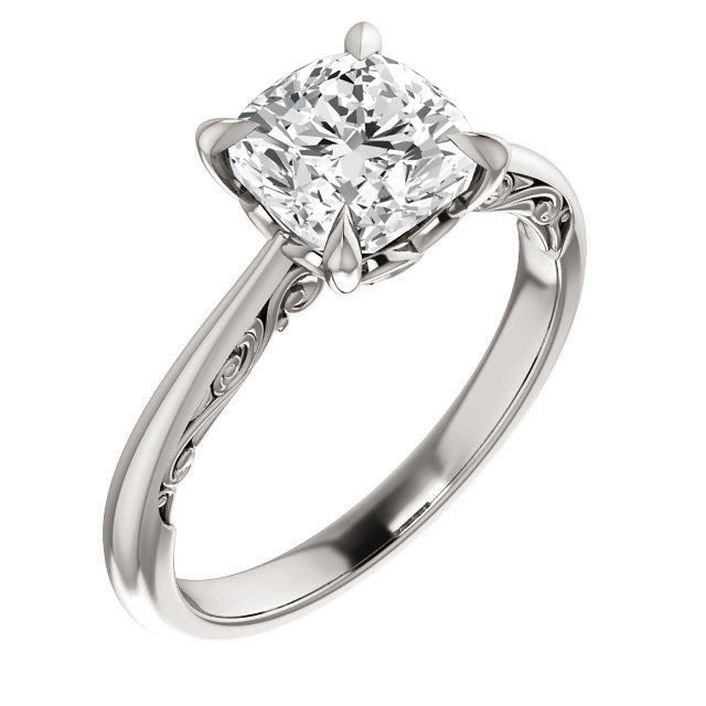 Cushion Surprise Stone Solitaire with Scroll Accents