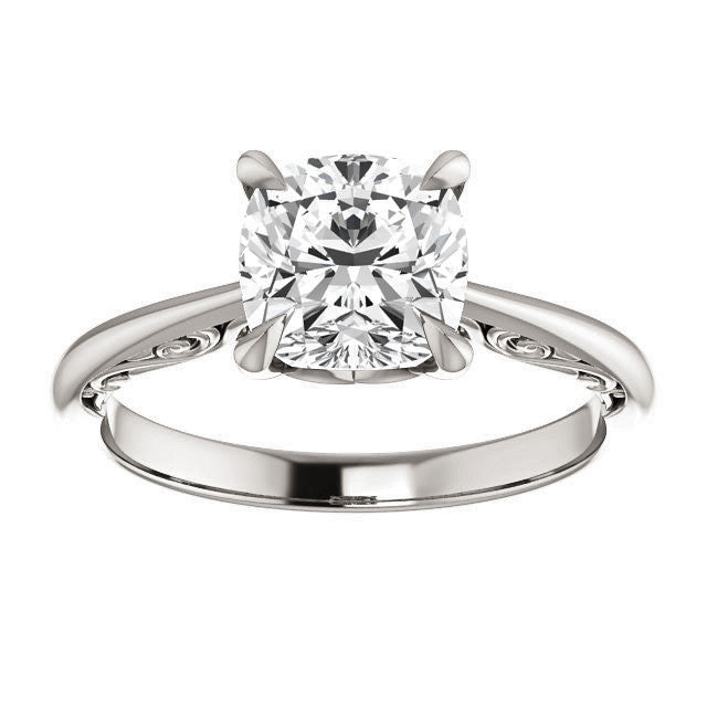 Cushion Surprise Stone Solitaire with Scroll Accents