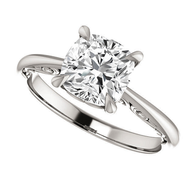 Cushion Surprise Stone Solitaire with Scroll Accents