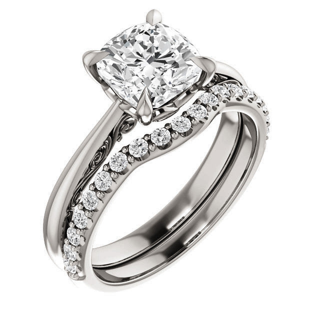 Cushion Surprise Stone Solitaire with Scroll Accents