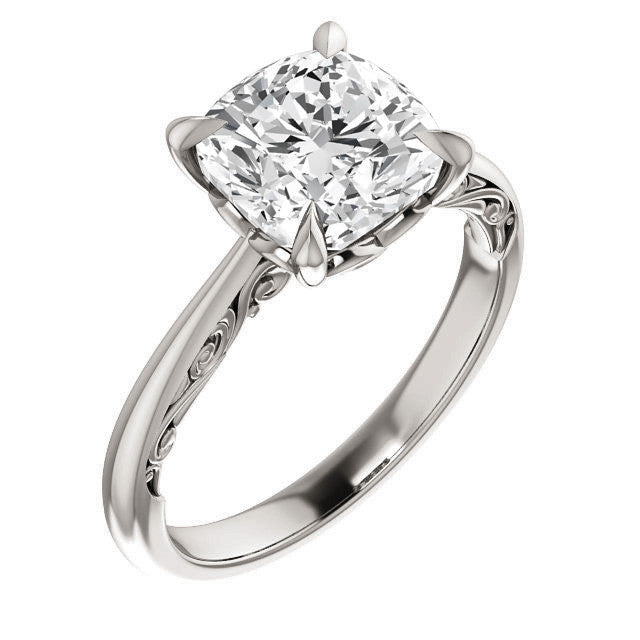 Cushion Surprise Stone Solitaire with Scroll Accents