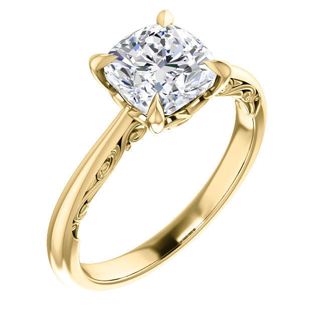 Cushion Surprise Stone Solitaire with Scroll Accents