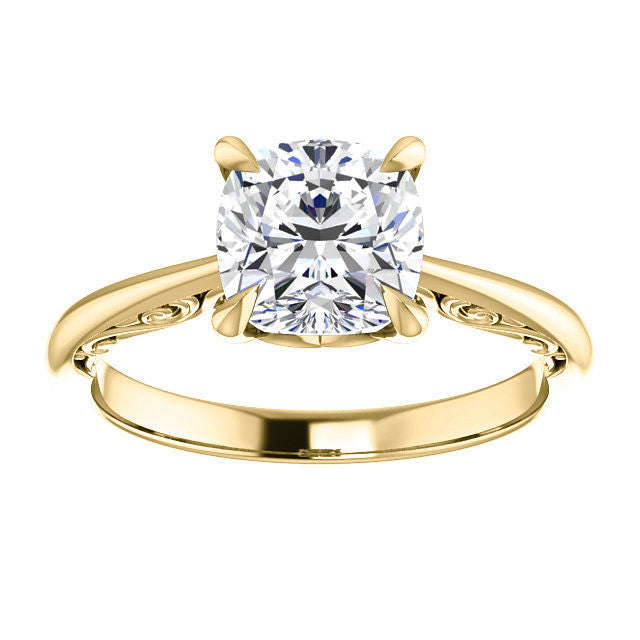 Cushion Surprise Stone Solitaire with Scroll Accents