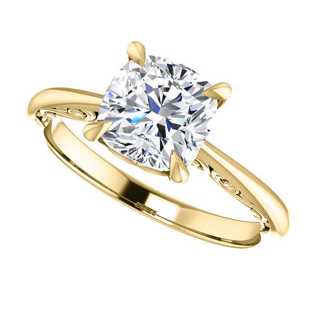 Cushion Surprise Stone Solitaire with Scroll Accents