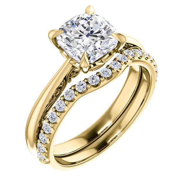 Cushion Surprise Stone Solitaire with Scroll Accents