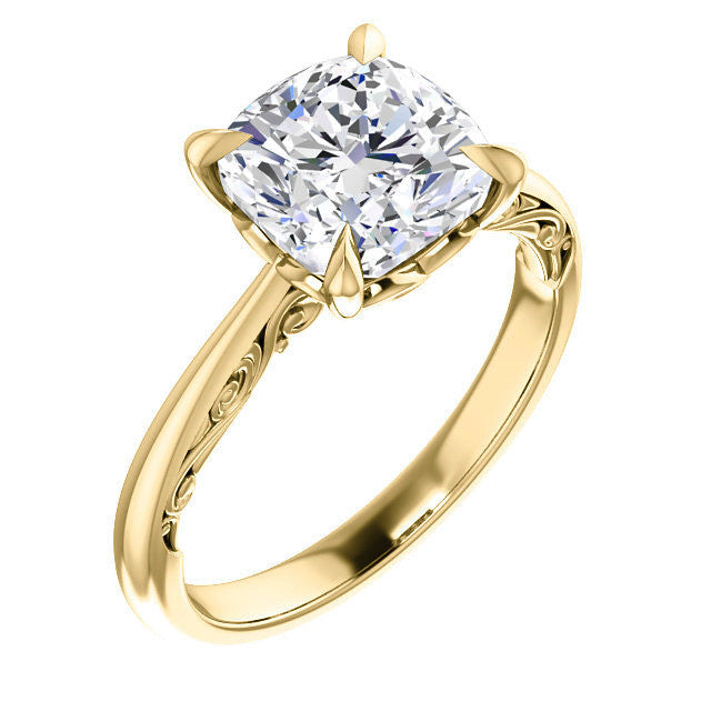 Cushion Surprise Stone Solitaire with Scroll Accents