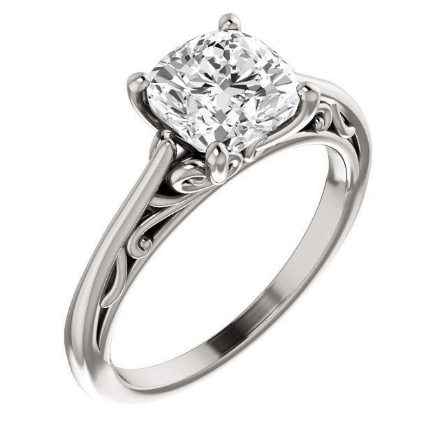 Cushion Scroll Accent Cathedral Moissanite Solitaire Ring