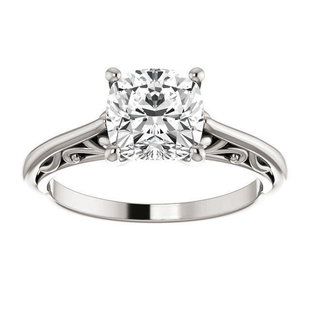 Cushion Scroll Accent Cathedral Moissanite Solitaire Ring