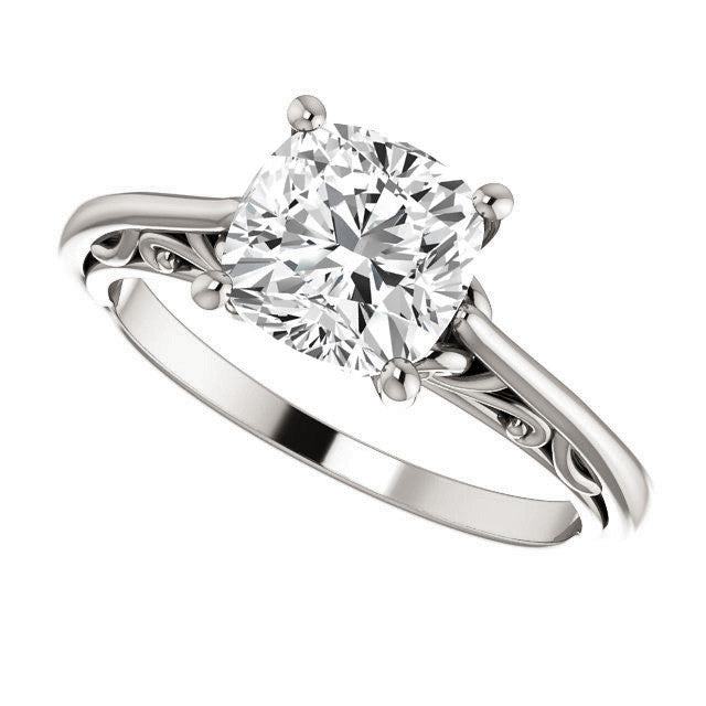 Cushion Scroll Accent Cathedral Moissanite Solitaire Ring