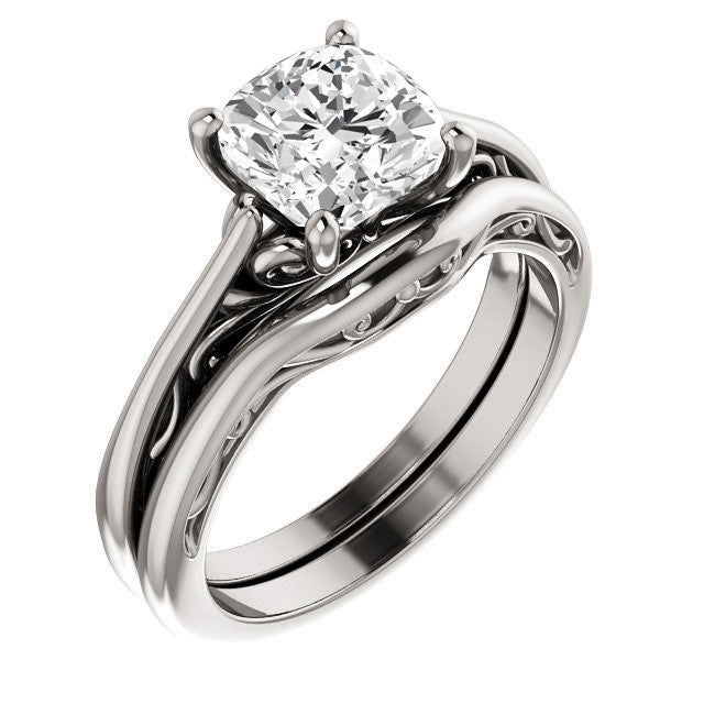 Cushion Scroll Accent Cathedral Moissanite Solitaire Ring