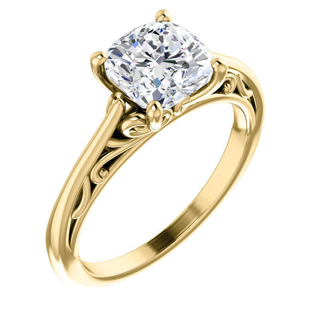 Cushion Scroll Accent Cathedral Moissanite Solitaire Ring