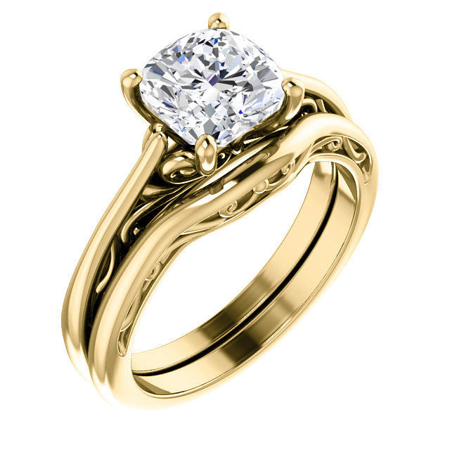 Cushion Scroll Accent Cathedral Moissanite Solitaire Ring