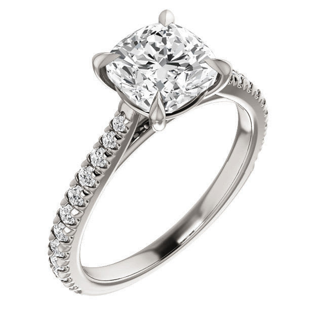 Cathedral Cushion Moissanite Eng Ring with Claw Prongs