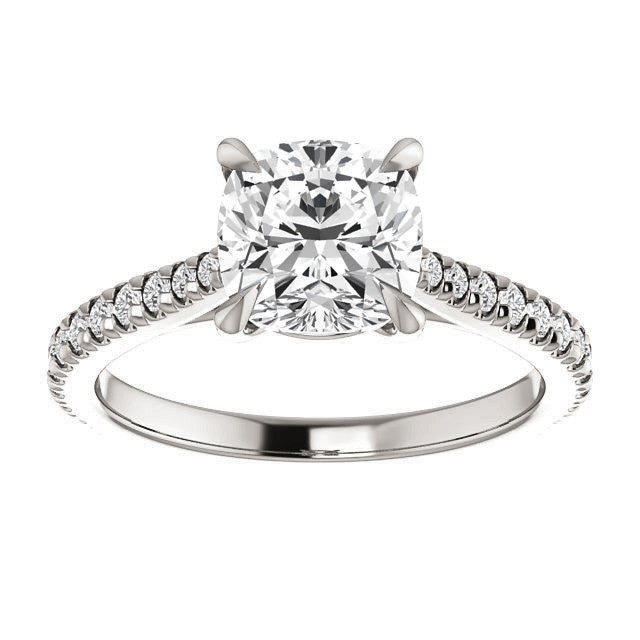 Cathedral Cushion Moissanite Eng Ring with Claw Prongs