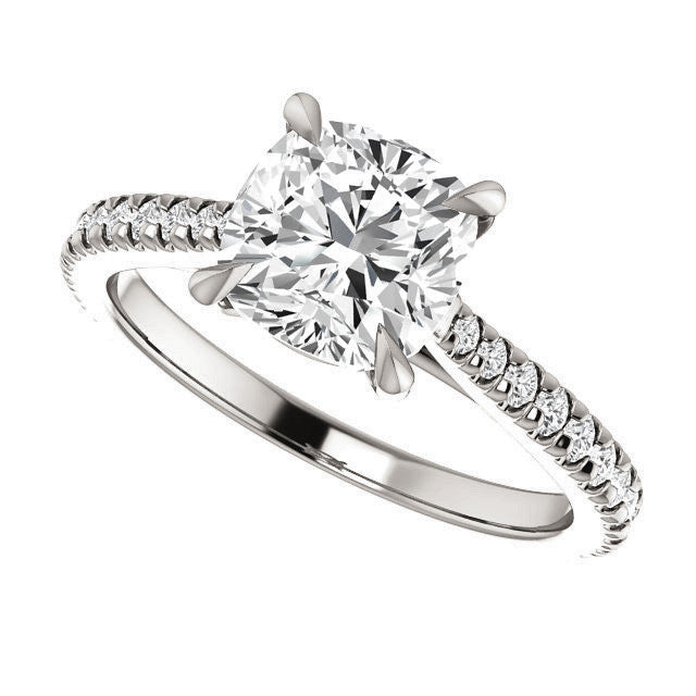 Cathedral Cushion Moissanite Eng Ring with Claw Prongs