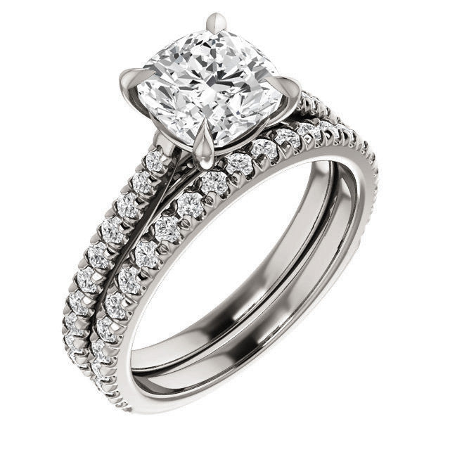 Cathedral Cushion Moissanite Eng Ring with Claw Prongs