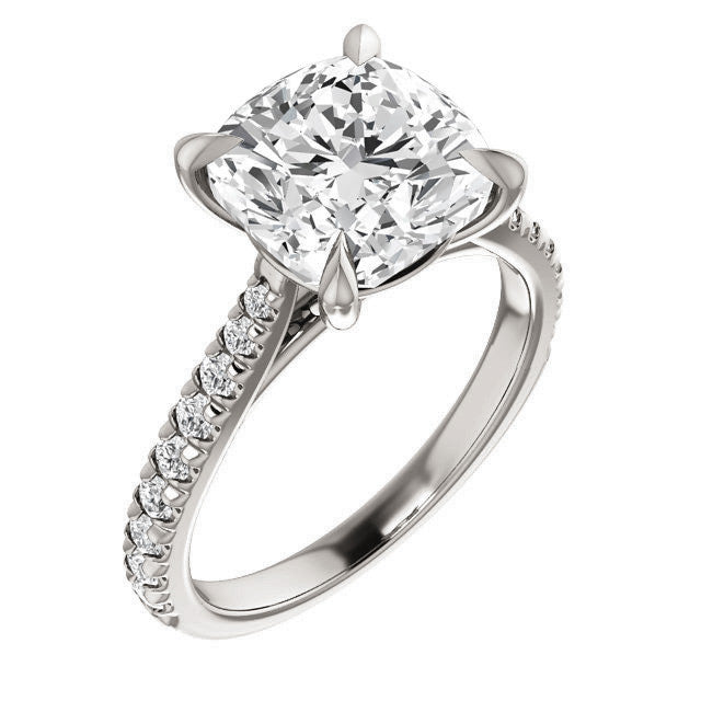 Cathedral Cushion Moissanite Eng Ring with Claw Prongs