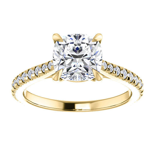 Cathedral Cushion Moissanite Eng Ring with Claw Prongs