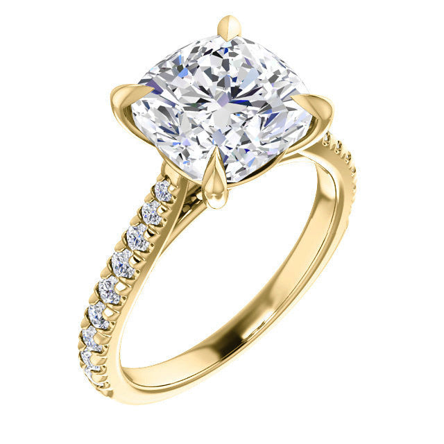 Cathedral Cushion Moissanite Eng Ring with Claw Prongs