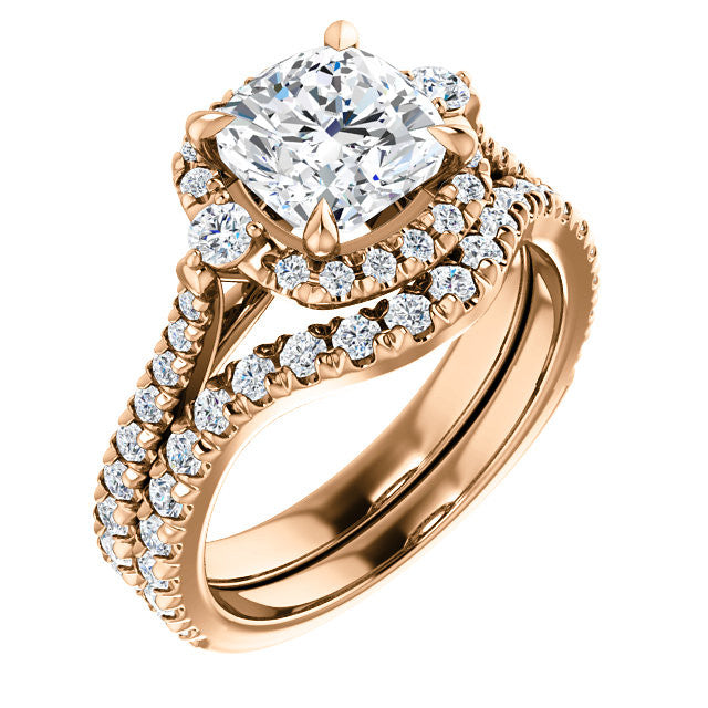 Cushion Moissanite Cathedral Halo Engagement Ring with Claw Prongs