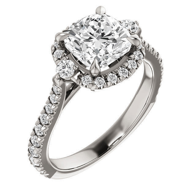 Cushion Moissanite Cathedral Halo Engagement Ring with Claw Prongs