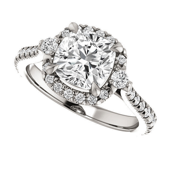 Cushion Moissanite Cathedral Halo Engagement Ring with Claw Prongs